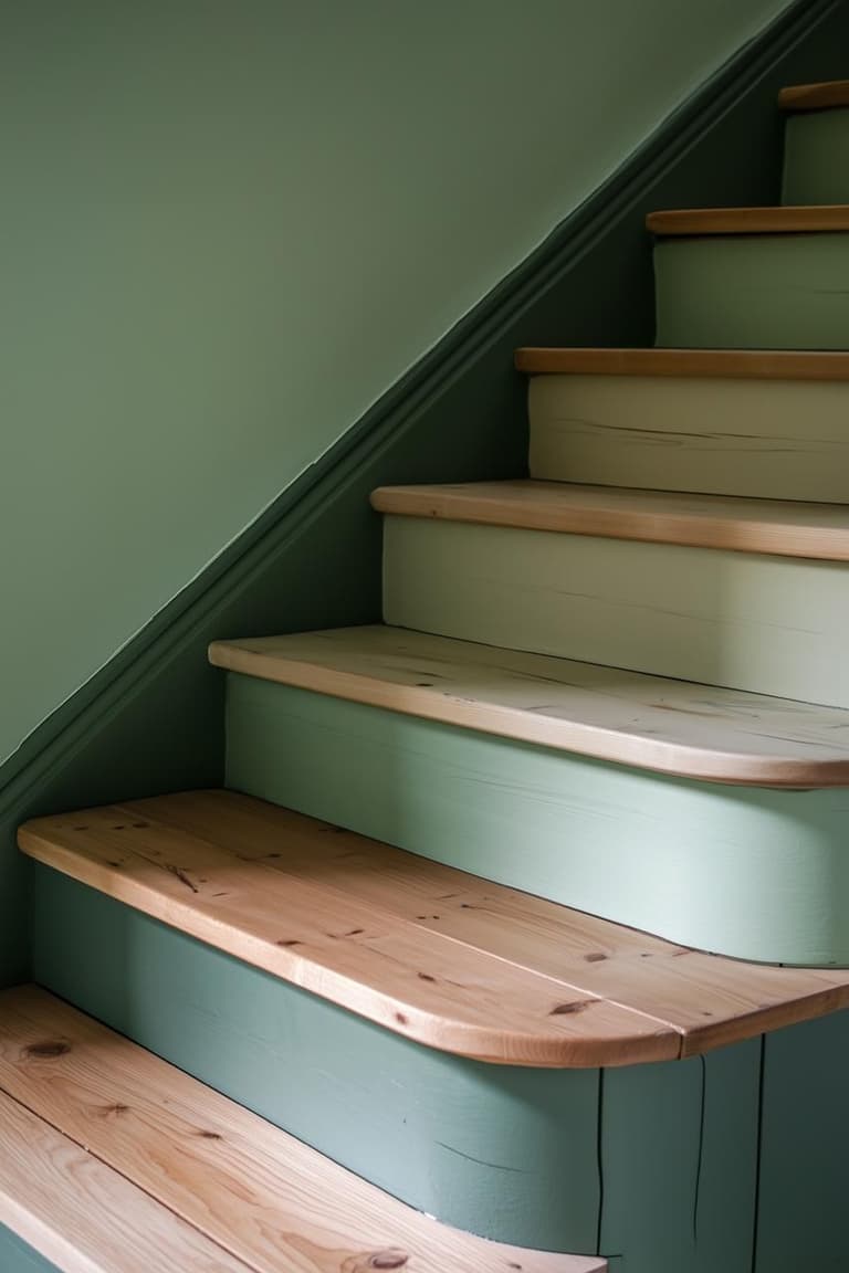 détail de marches en bois naturel et contremarches peintes en vert doux
