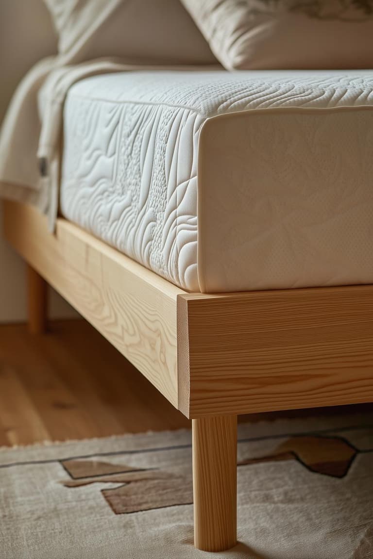 détail d’un matelas écologique à coutil texturé posé sur un cadre en bois clair dans une chambre naturelle