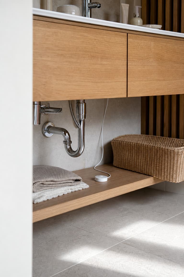 Petit détecteur de fuite avec câble capteur installé sous un meuble vasque près des raccordements