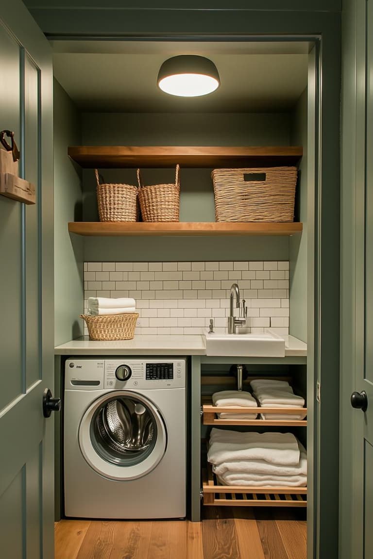 petite buanderie verte avec lave-linge, évier, paniers en osier et éclairage automatique idéal pour une zone technique