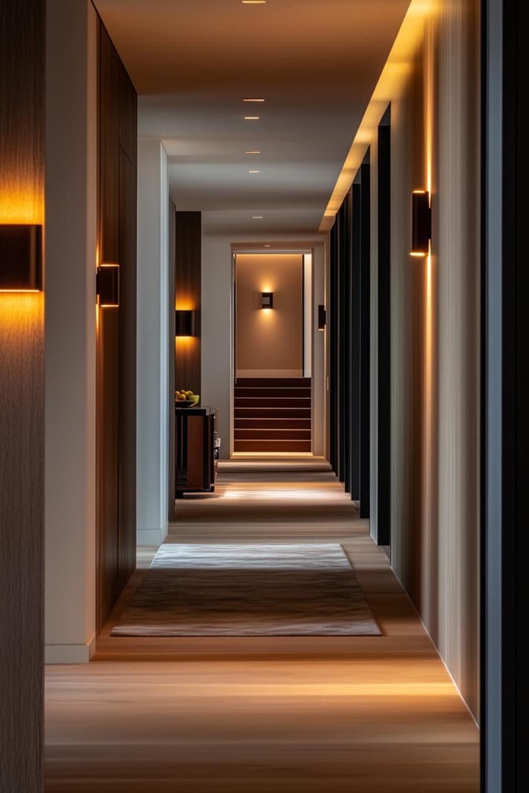 long couloir contemporain avec appliques murales, rubans LED chaleureux, tapis beige et escalier éclairé au fond
