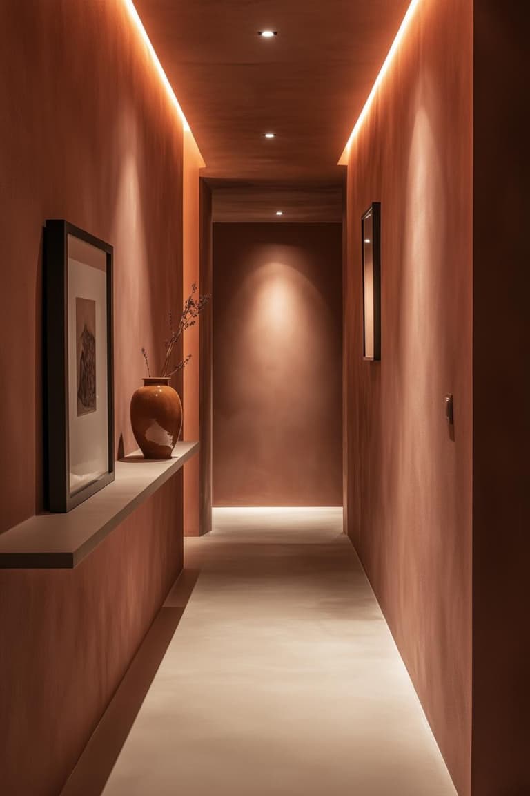 couloir terracotta texturé avec bandeaux LED au plafond, applique murale et étagère décorative pour illustrer un éclairage automatique de passage