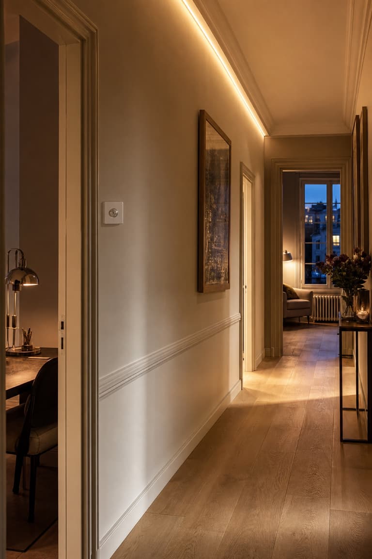couloir d’appartement avec éclairage LED chaleureux et détecteur de mouvement mural blanc près d’une porte