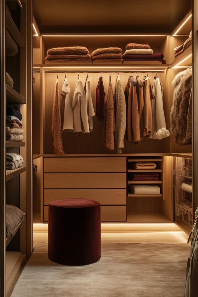 dressing en bois avec penderie, tiroirs et rubans LED chauds déclenchés par un détecteur de mouvement interrupteur