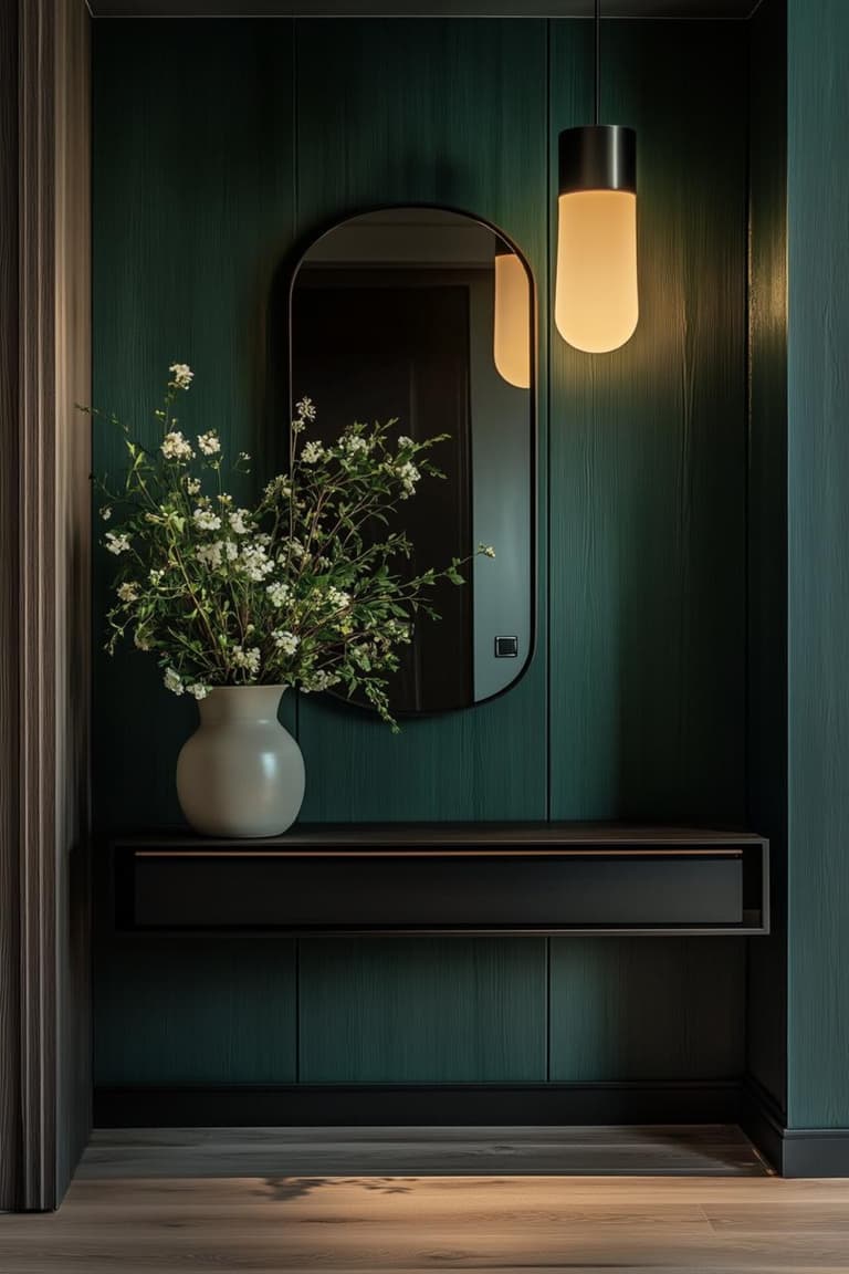 entrée vert profond avec miroir arrondi, console suspendue, bouquet et suspension lumineuse chaude près d’un interrupteur mural discret