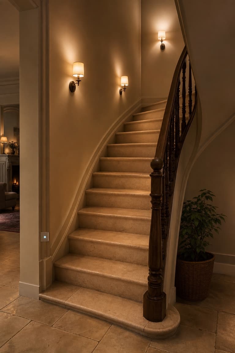 escalier intérieur éclairé par des appliques murales avec détecteur de mouvement discret en bas des marches