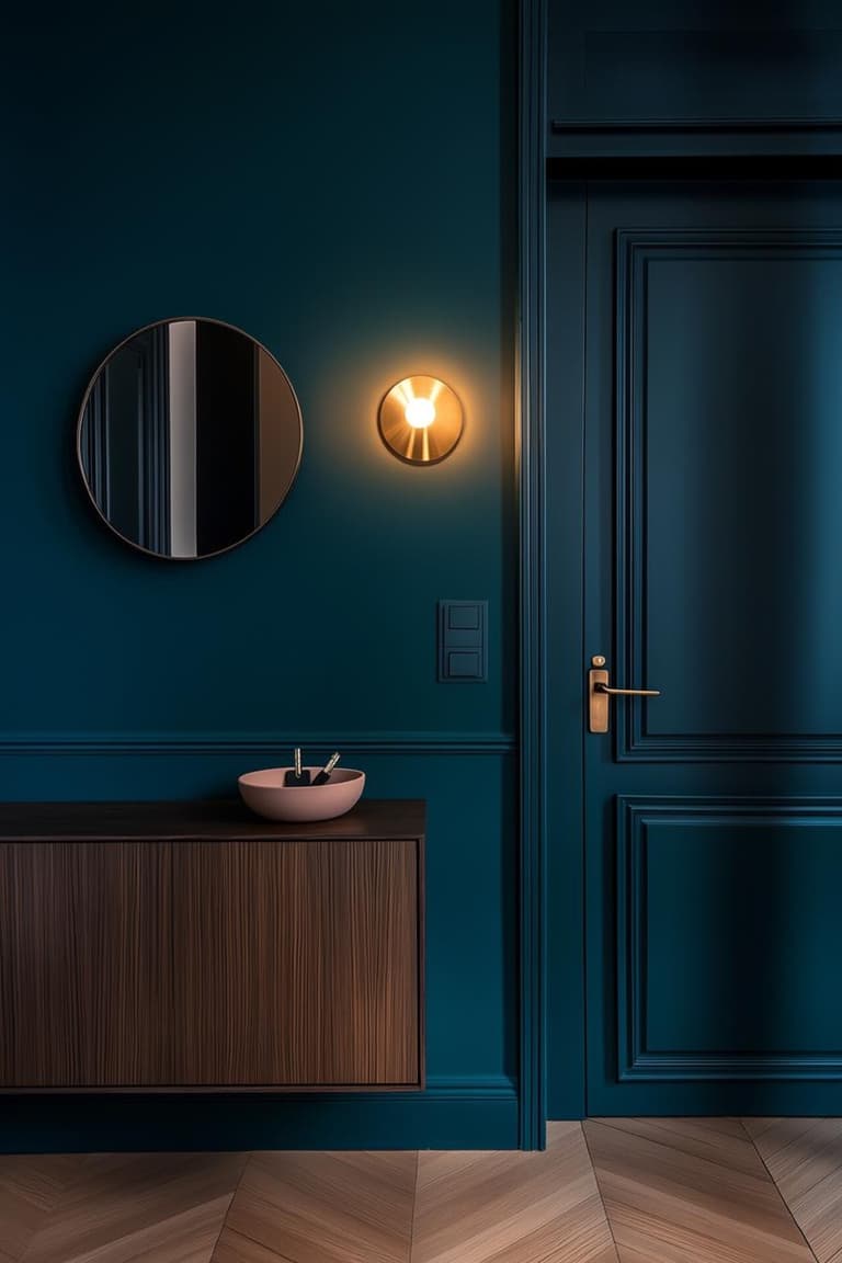 salle d’eau bleu canard avec applique murale chaude, meuble vasque en bois nervuré et interrupteur détecteur de mouvement discret près de la porte
