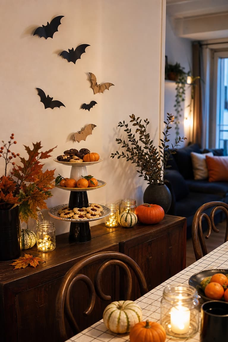 chauves-souris en papier, présentoir à gourmandises improvisé, feuillages et petites courges dans un intérieur chaleureux