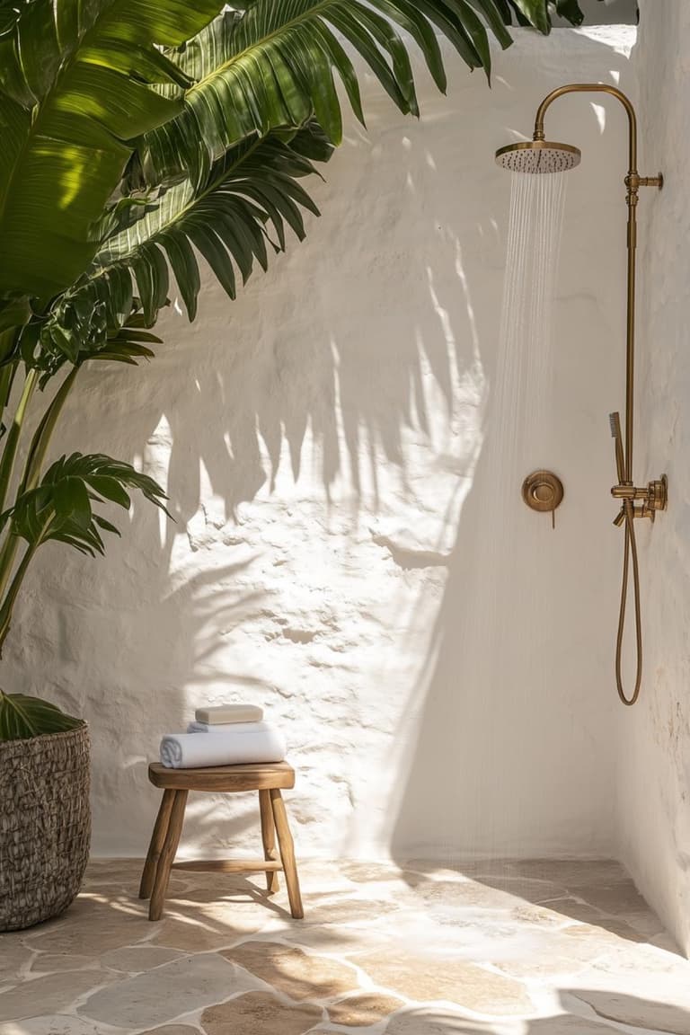 douche extérieure en laiton sur mur blanc texturé avec grande plante tropicale, panier tressé, tabouret en bois et serviettes blanches
