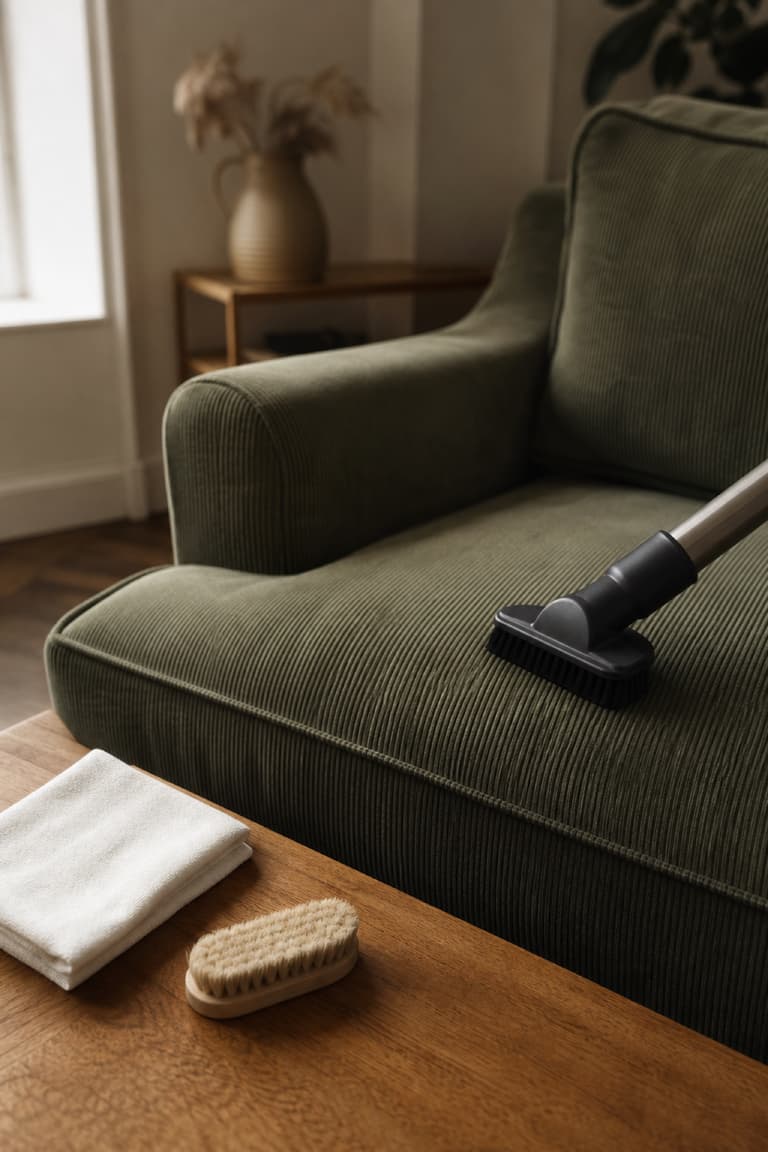 Entretien du velours côtelé avec un embout d’aspirateur doux et une brosse textile