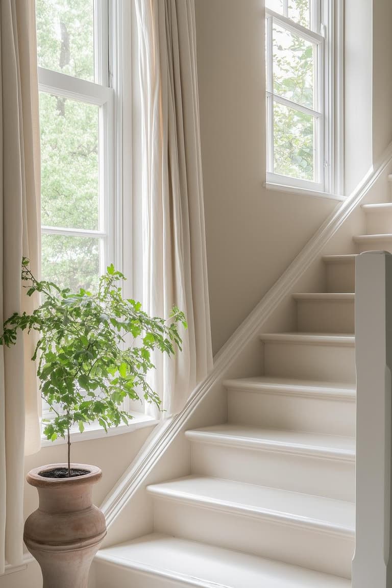 escalier blanc lumineux près de grandes fenêtres avec rideaux en lin et plante en pot