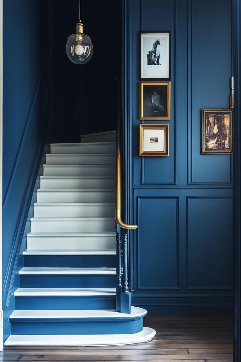 escalier bleu nuit avec marches claires, rampe laiton et mur de cadres dorés