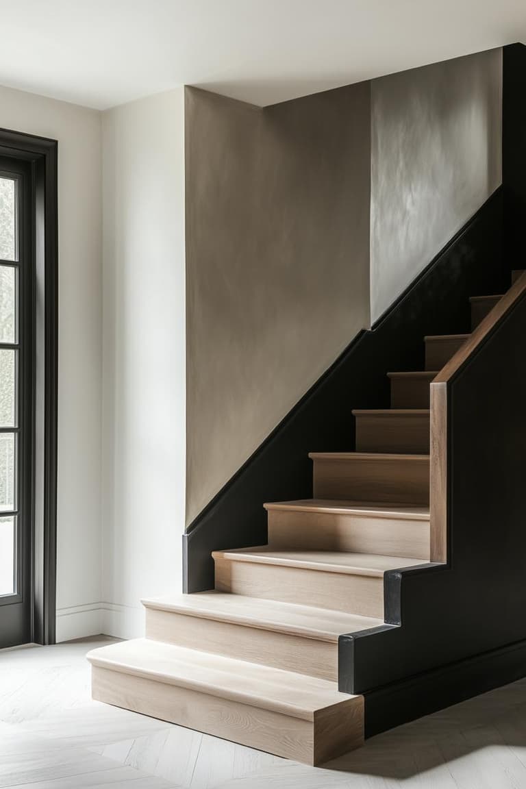 escalier en bois clair associé à un soubassement noir graphique dans une entrée lumineuse