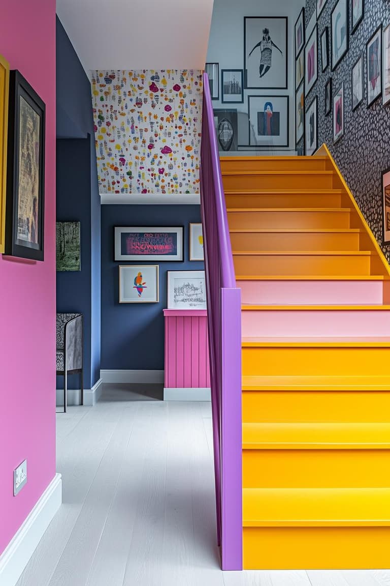escalier graphique aux marches jaunes, rampe violette et murs colorés dans une entrée contemporaine