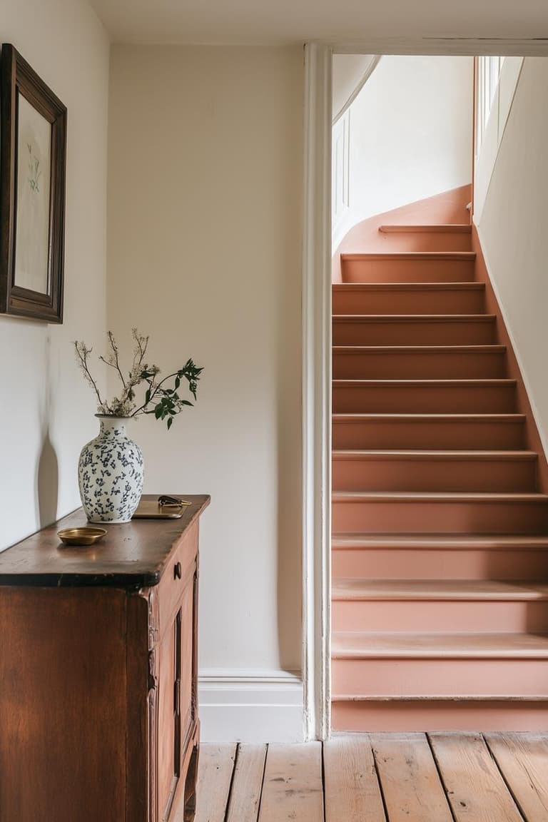 escalier rose terracotta dans une entrée ancienne avec buffet en bois, parquet et vase fleuri