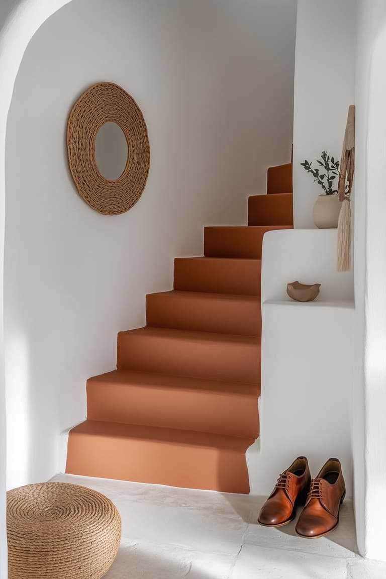 escalier terracotta dans une entrée blanche avec miroir en rotin, pouf tressé et chaussures en cuir