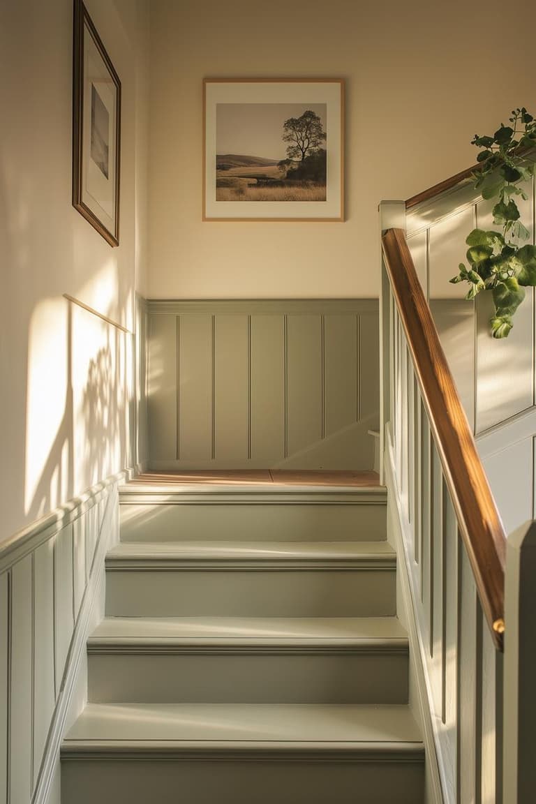 peindre un escalier vert sauge avec boiseries murales, rampe en bois et lumière chaude