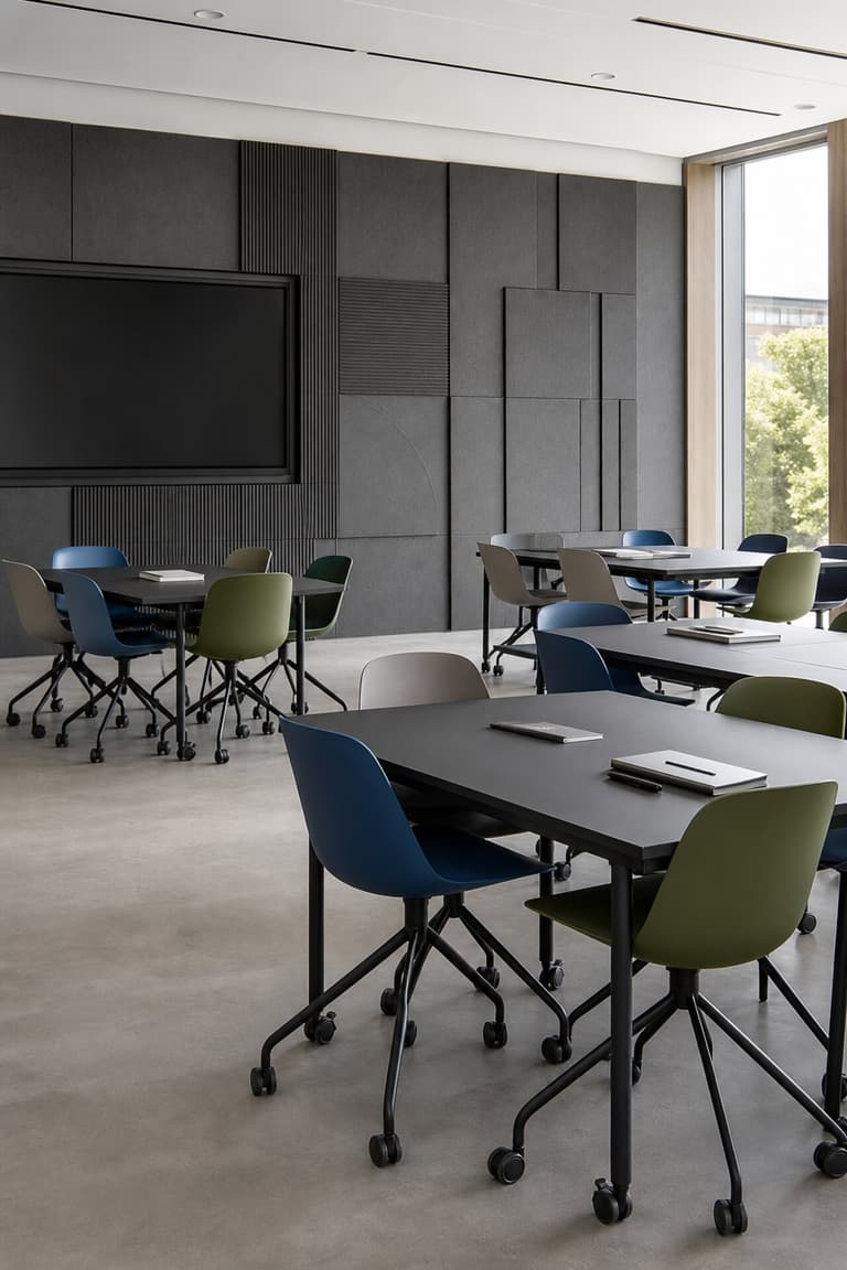 salle de réunion modulable avec tables mobiles et chaises à roulettes bleu, vert olive et taupe