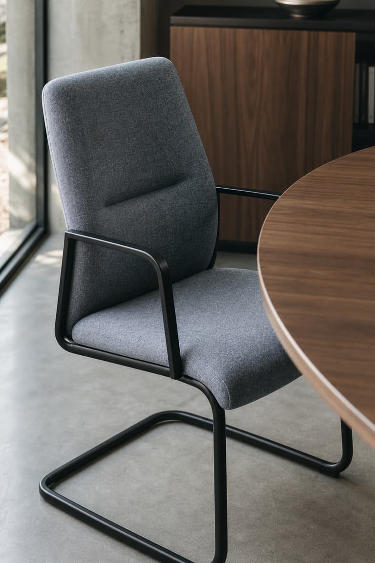 fauteuil de réunion en tissu gris bleuté avec dossier courbe, accoudoirs fins et piètement luge noir