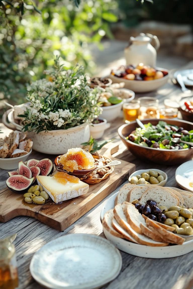 Table de brunch au jardin avec figues fraîches, fromage au miel, olives, pain rustique, salade et vaisselle artisanale.