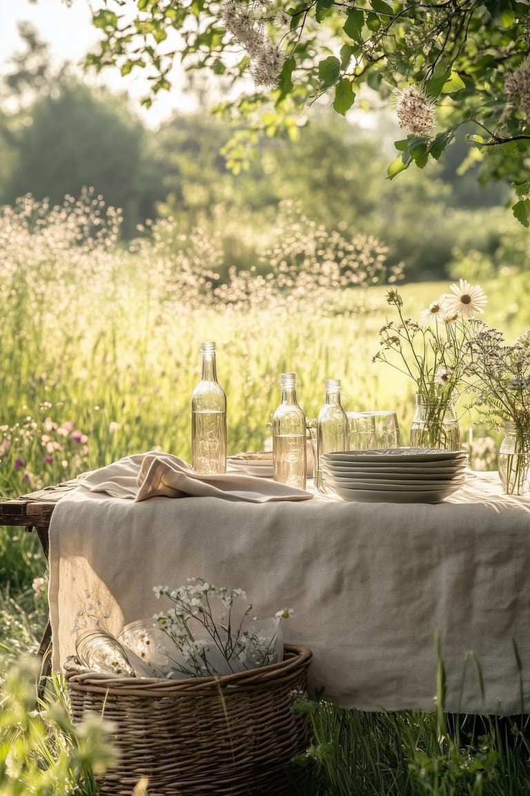 Table rustique couverte d’une nappe en lin beige, avec vaisselle empilée, bouteilles en verre et fleurs sauvages dans une prairie ensoleillée.