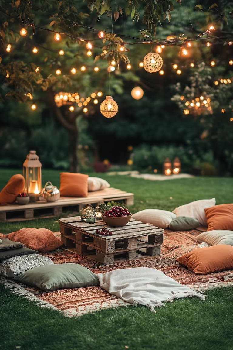 Salon de jardin bohème installé sur l’herbe avec tapis, coussins terracotta et verts, table basse en palettes, bougies et guirlandes lumineuses.