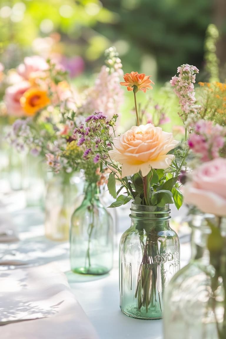 Bouquets de roses, fleurs orange, mauves et roses disposés dans des bocaux et bouteilles en verre vert sur une table ensoleillée.