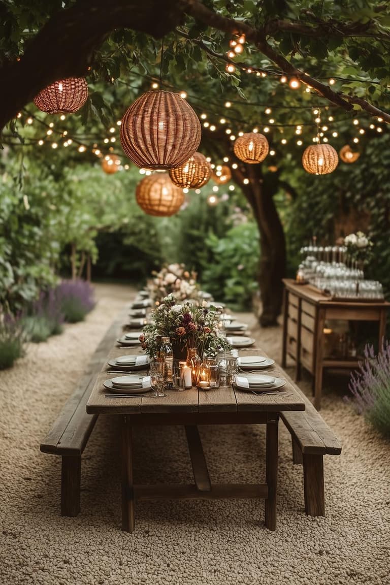 Longue table en bois dressée sur du gravier sous une canopée, avec bouquets champêtres, bougies, guirlandes lumineuses et lanternes tressées.