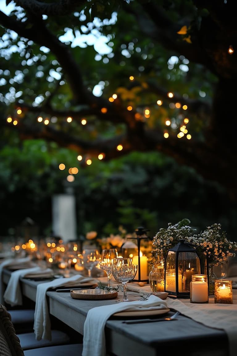 Table élégante dressée sous les arbres au crépuscule, avec vaisselle claire, verres, fleurs blanches, bougies et lanternes noires.
