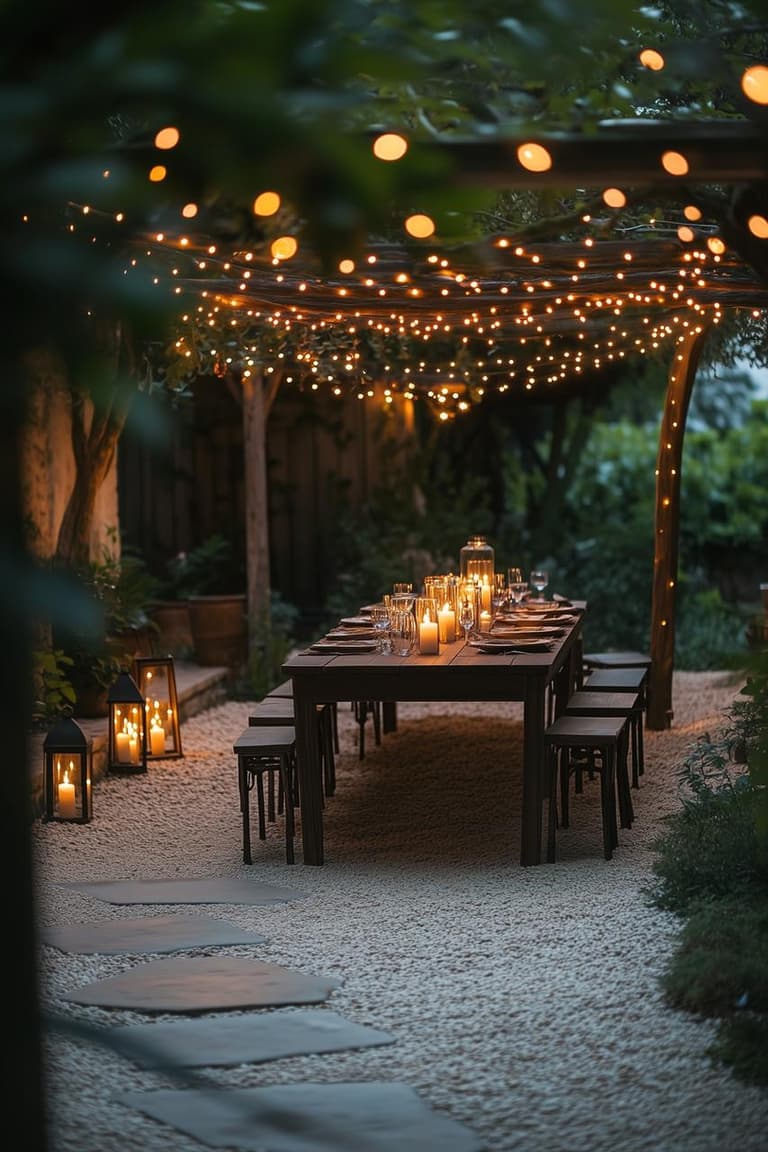 Longue table sombre dressée sur une allée de gravier, entourée de verdure et éclairée par des bougies, lanternes noires et guirlandes lumineuses.