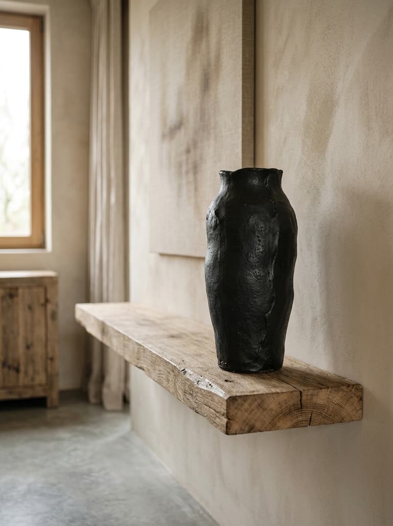 Gros plan sur un vase artisanal en céramique noire texturée, représentant une pépite de décoration Japandi.