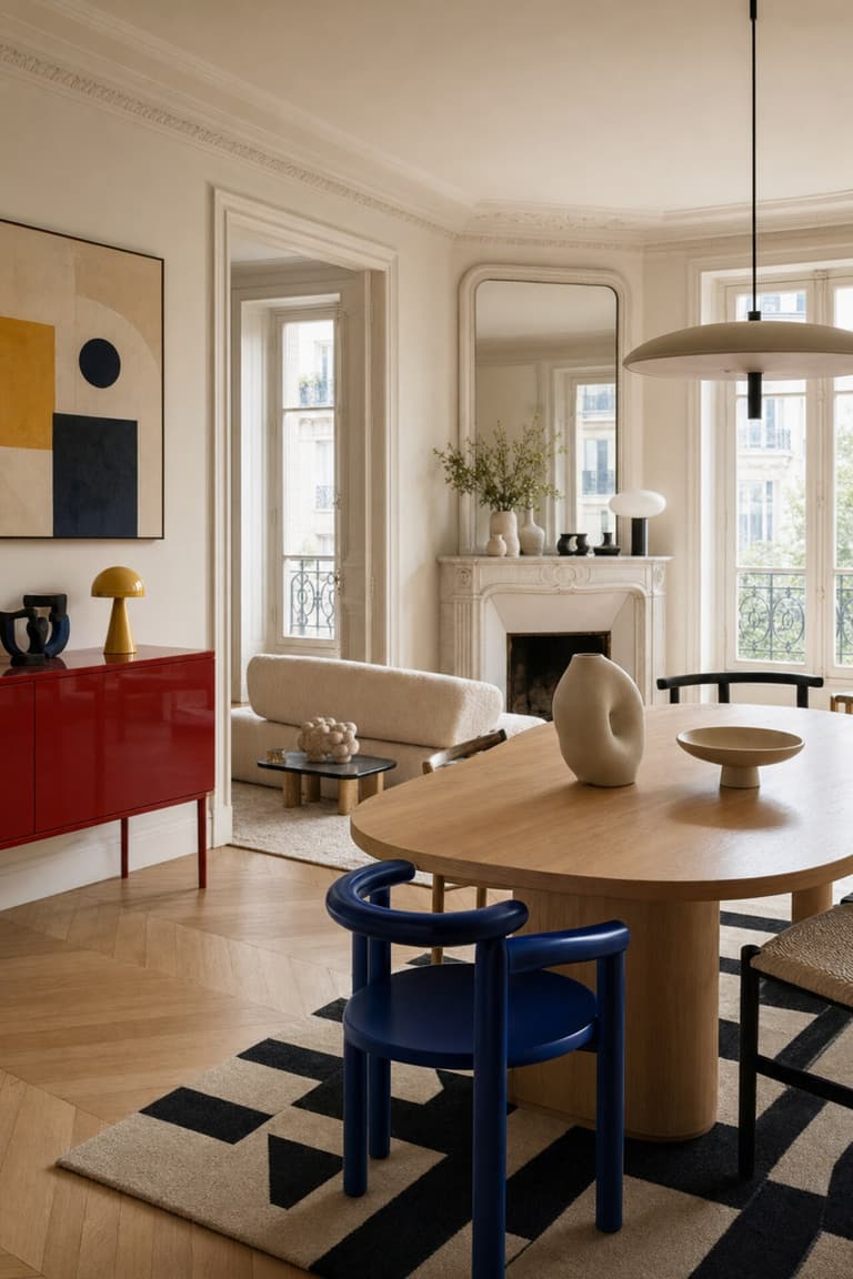 Salle à manger parisienne avec buffet rouge laqué, fauteuil bleu et tapis géométrique noir et blanc