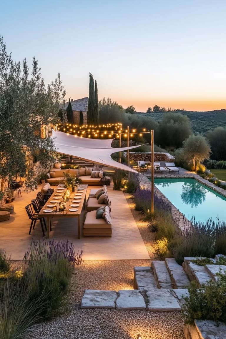terrasse méditerranéenne avec piscine, voile d’ombrage blanche, table en bois, guirlandes lumineuses, lavande et oliviers au crépuscule