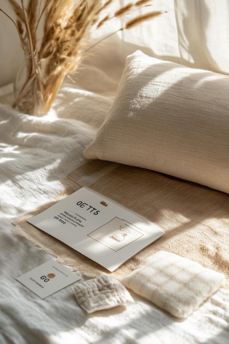 cartes et échantillons de textiles naturels posés sur un lit clair avec lumière douce et fleurs séchées