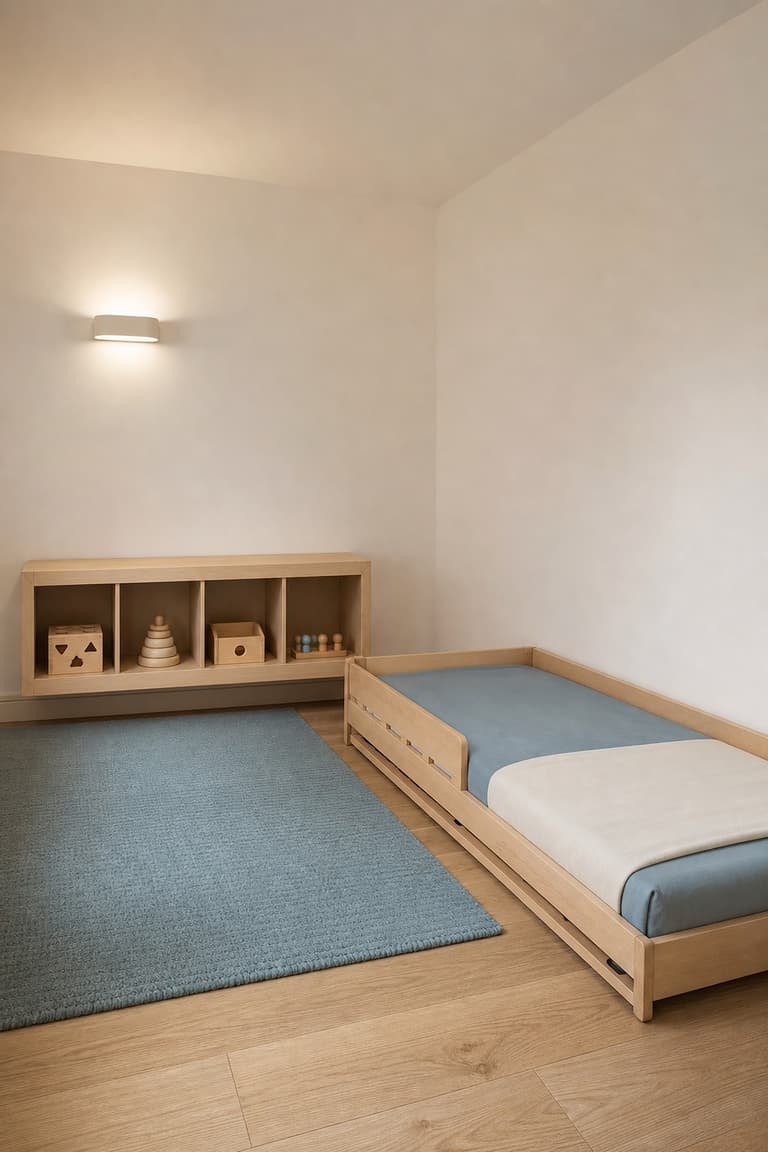 Lit Montessori bas en bois posé sur un sommier à lattes ventilé, avec petite barrière et espace de jeu dégagé dans une chambre d’enfant.