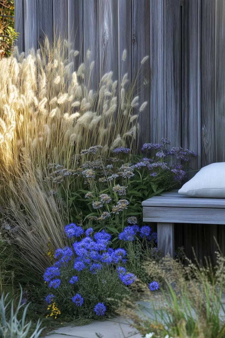 massif de graminées, fleurs bleues et petites fleurs violettes devant une palissade en bois grisé avec banc et coussin clair