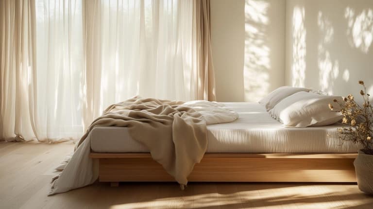 matelas écologique français dans une chambre lumineuse avec linge de lit blanc, plaid beige et cadre en bois clair