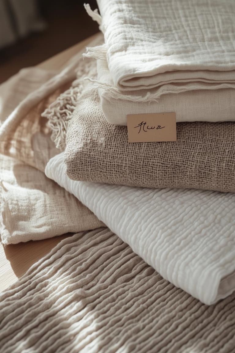 pile de textiles naturels en lin, coton et laine dans des tons écru et beige pour une literie plus saine