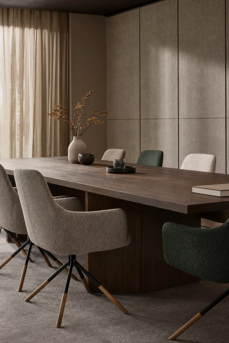 table en bois sombre et chaises en tissu beige et vert avec panneaux acoustiques en feutre