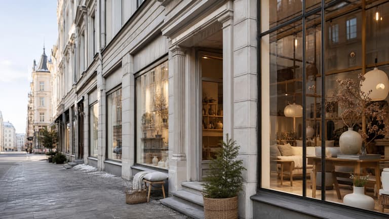 Rue du Design District à Helsinki avec vitrines déco scandinaves, mobilier en bois clair et lumière douce
