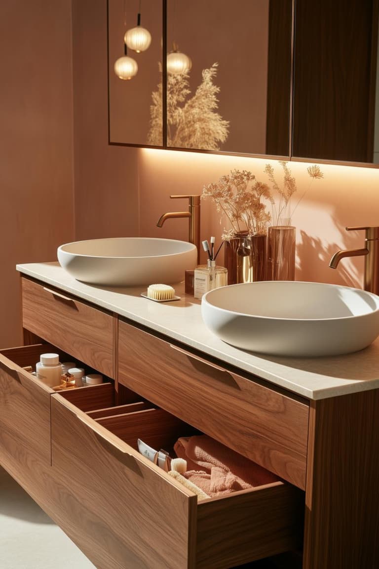 Meuble double vasque en bois avec grands tiroirs ouverts, miroirs et lumière chaude dans une salle de bain familiale bien organisée.