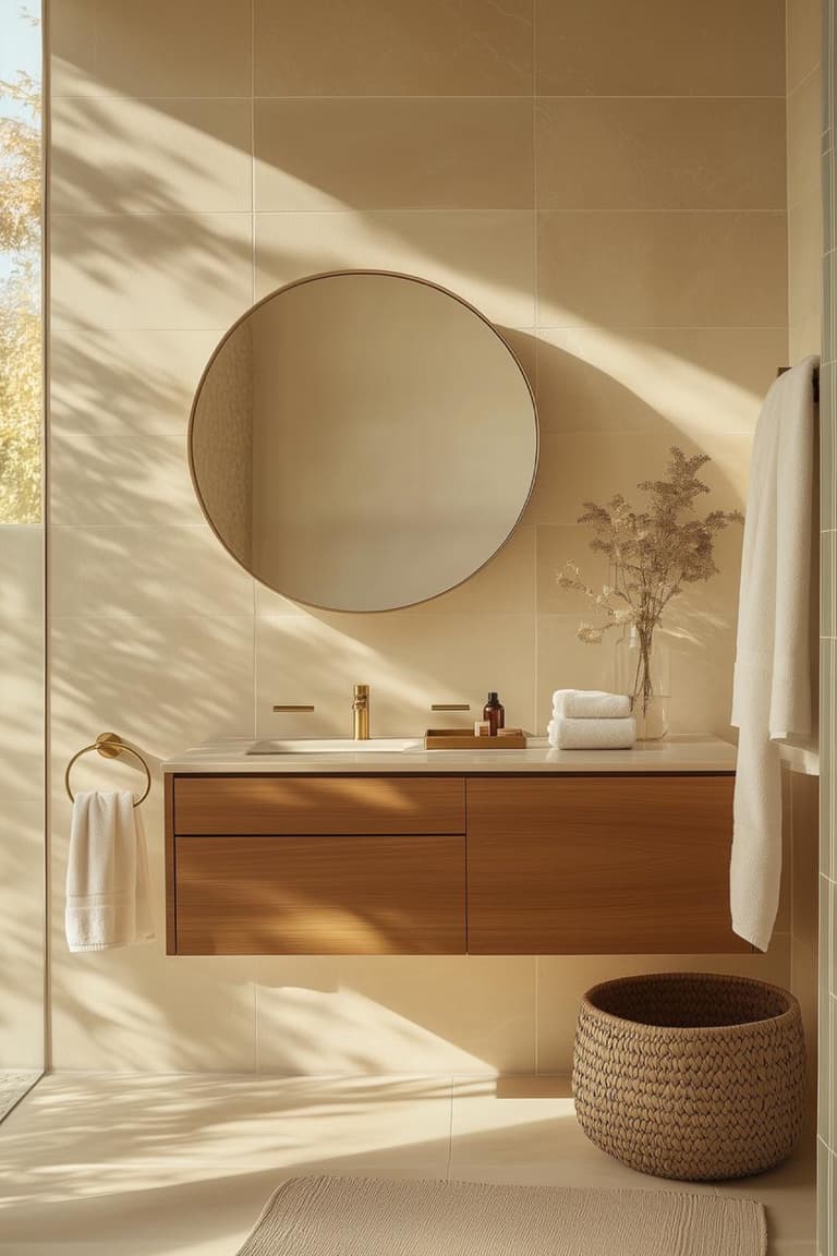 Salle de bain lumineuse avec meuble vasque suspendu en bois, miroir rond, panier tressé et serviettes blanches dans une ambiance naturelle.