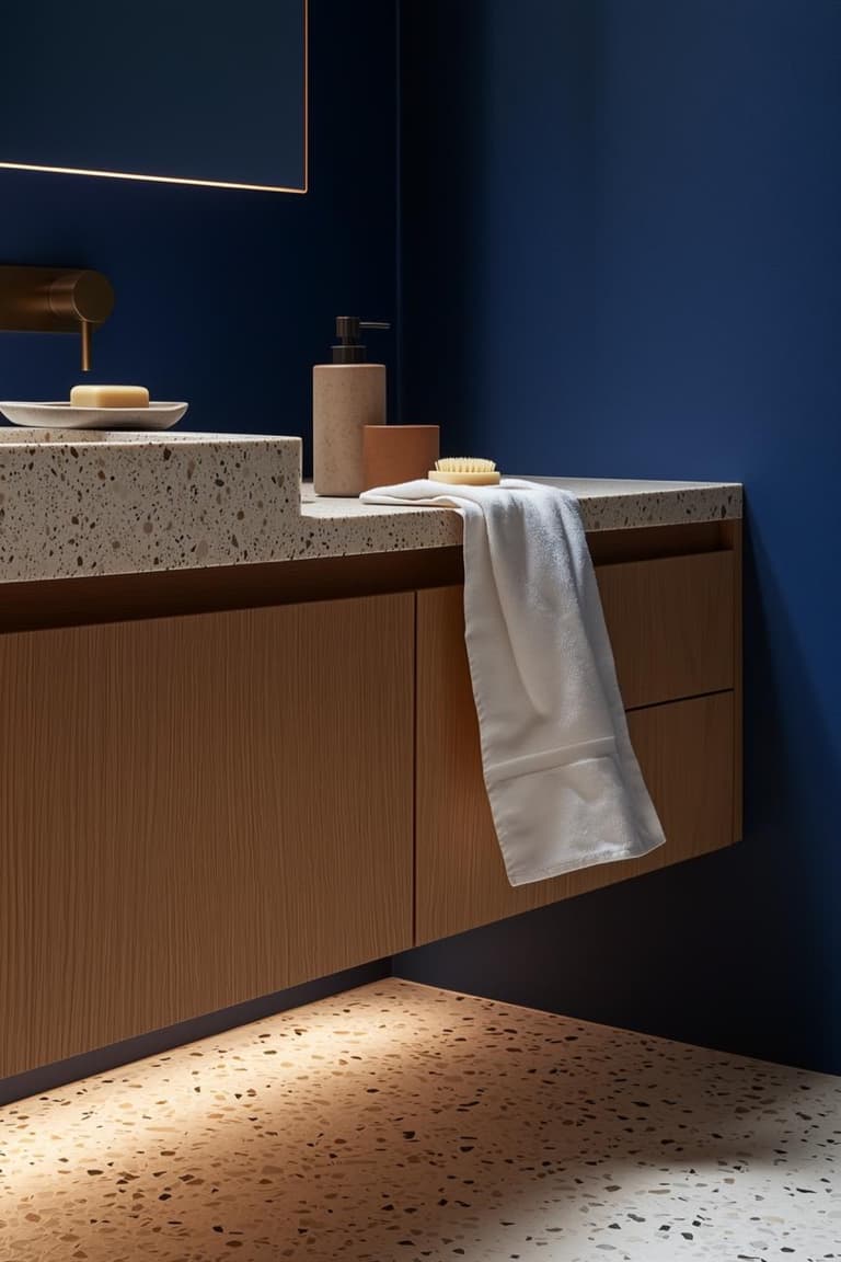 Meuble vasque suspendu en bois avec plan terrazzo, mur bleu profond et éclairage intégré pour une salle de bain graphique.