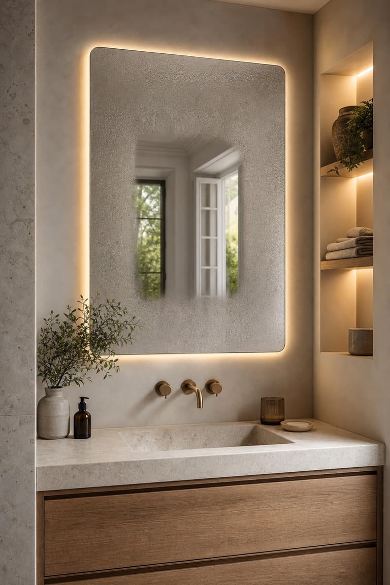 Miroir intelligent rétroéclairé avec zone antibuée au-dessus d’un meuble vasque en bois