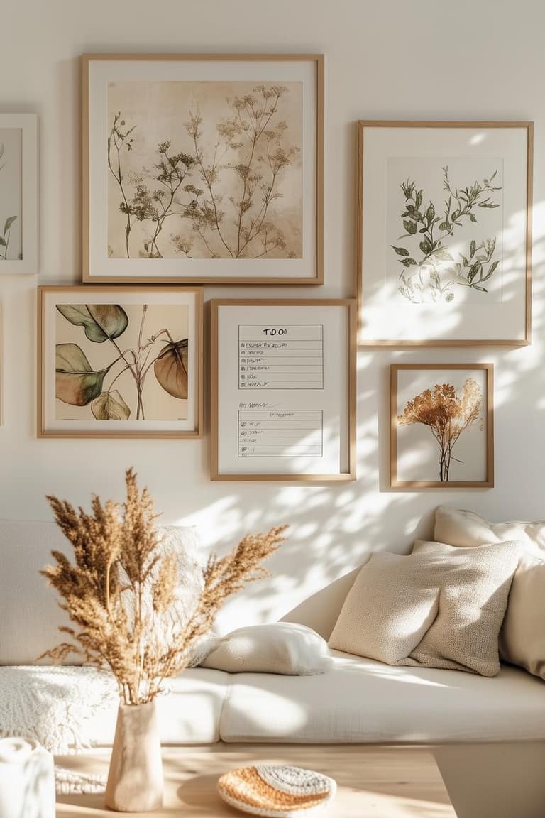 Mur de cadres botaniques avec tableau to do list au-dessus d’un canapé beige dans un salon lumineux