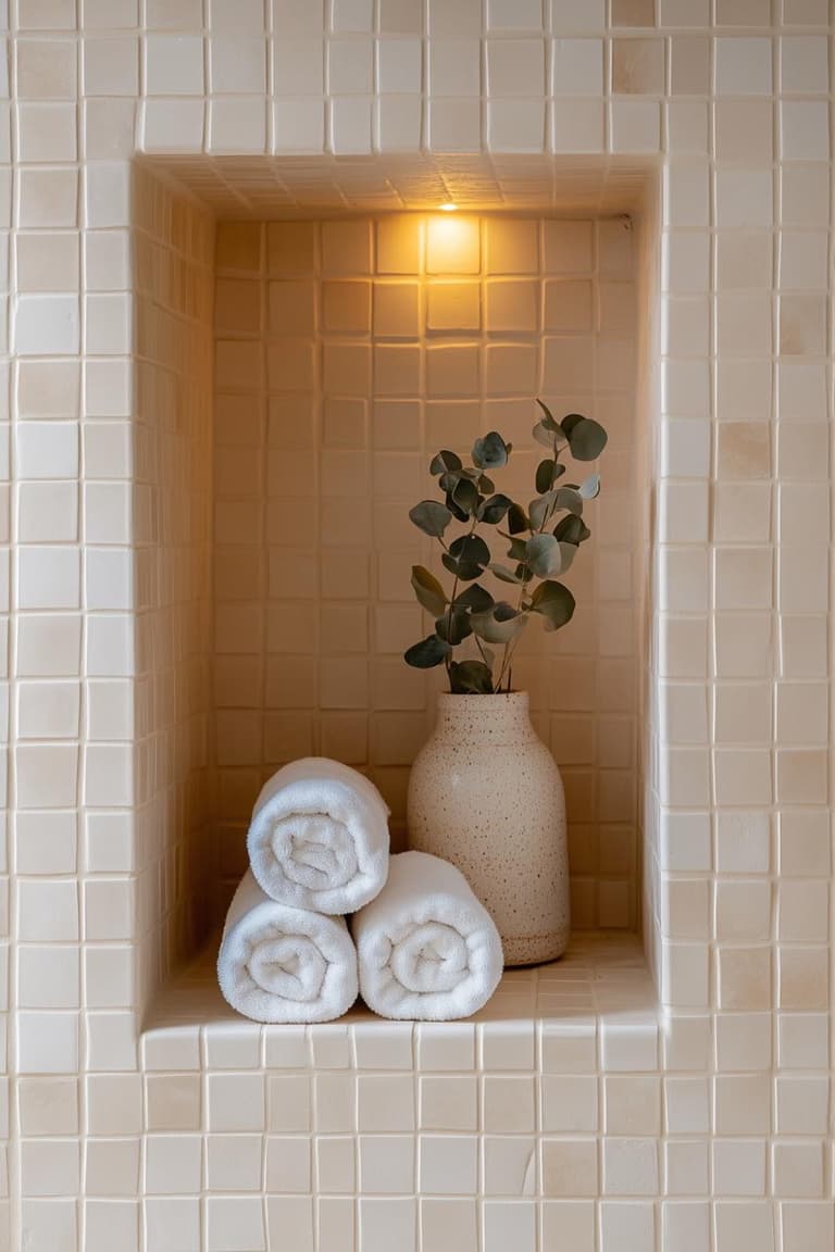 Niche carrelée beige avec serviettes blanches roulées, vase en céramique et eucalyptus sous un petit éclairage chaud.
