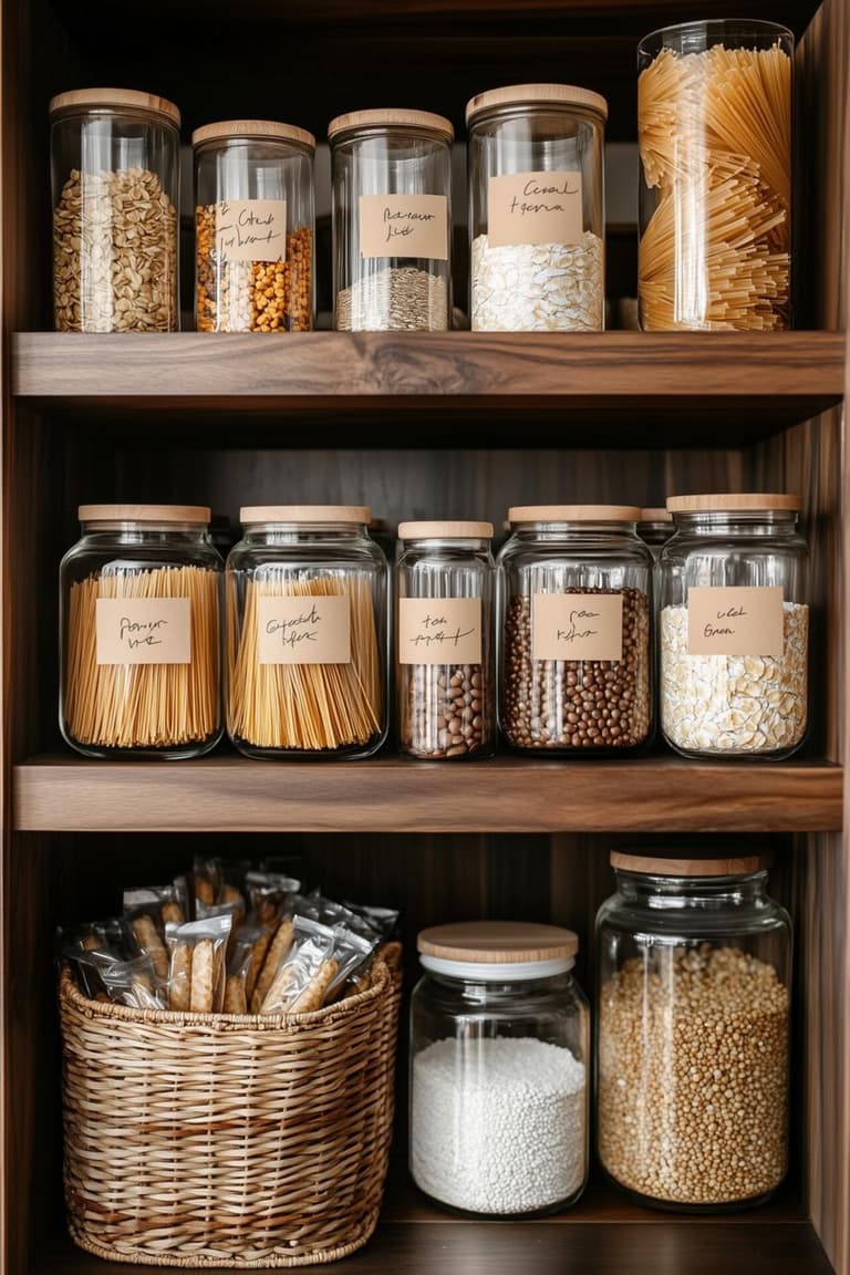 garde-manger en bois avec bocaux en verre étiquetés, pâtes, céréales et panier de petits sachets