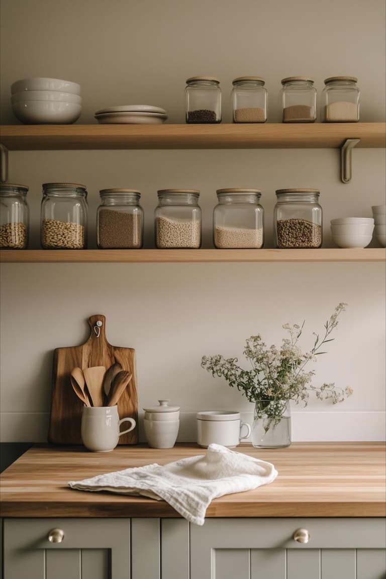 étagères ouvertes de cuisine avec bocaux en verre remplis de graines et céréales, vaisselle blanche, planche en bois et bouquet champêtre