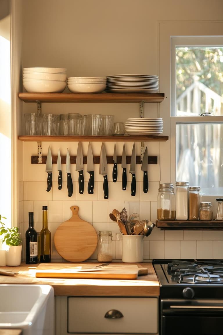 étagères ouvertes de cuisine avec vaisselle blanche, verres, couteaux aimantés, bocaux et plan de travail en bois