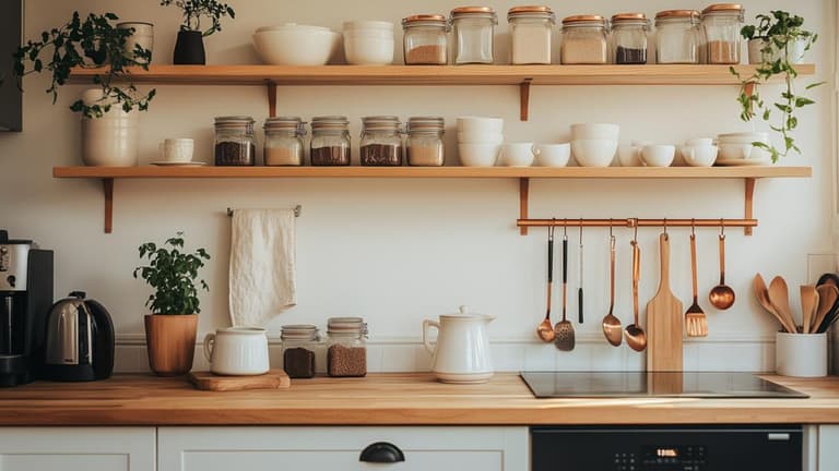 organiser une cuisine avec étagères ouvertes, bocaux en verre, plantes et rail mural pour suspendre les ustensiles